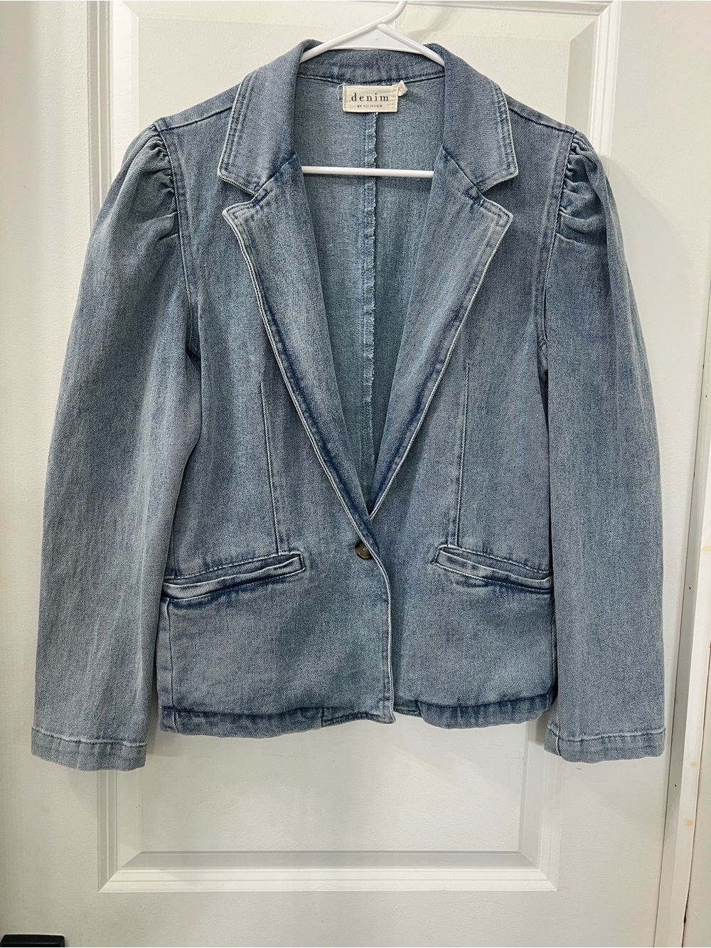 Denim Puff-Sleeve Blazer Jacket - Light Blue